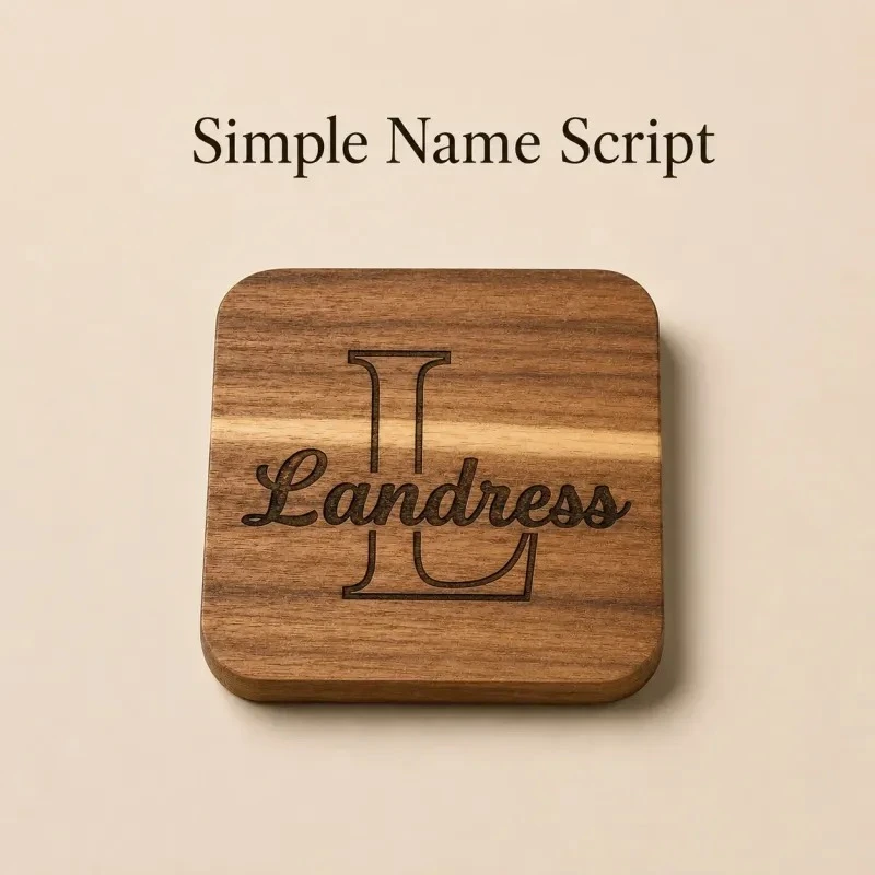 Wooden coaster with an initial and the sample name Landress in script