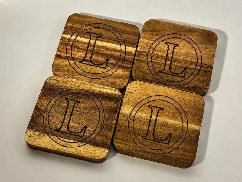 Four wooden coasters arranged together, each with a circular L monogram