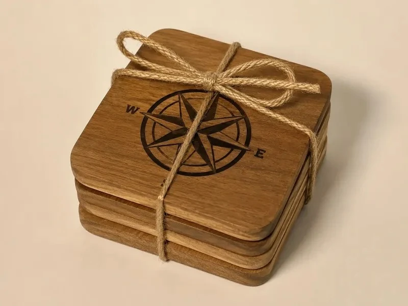 Four wooden Compass Rose coasters stacked and tied with twine