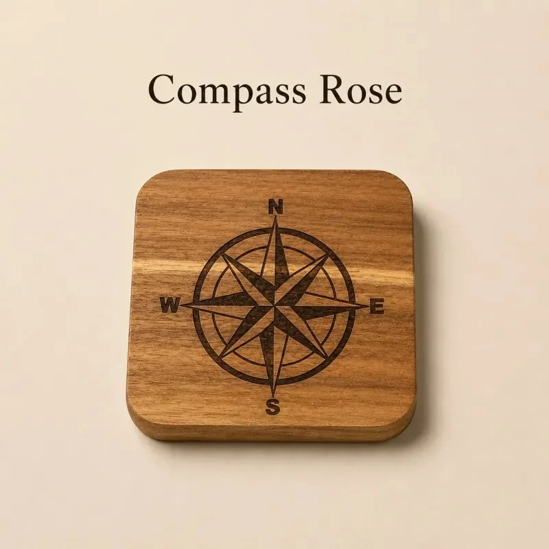 Single rounded wooden coaster with a compass rose and N, S, E, W lettering