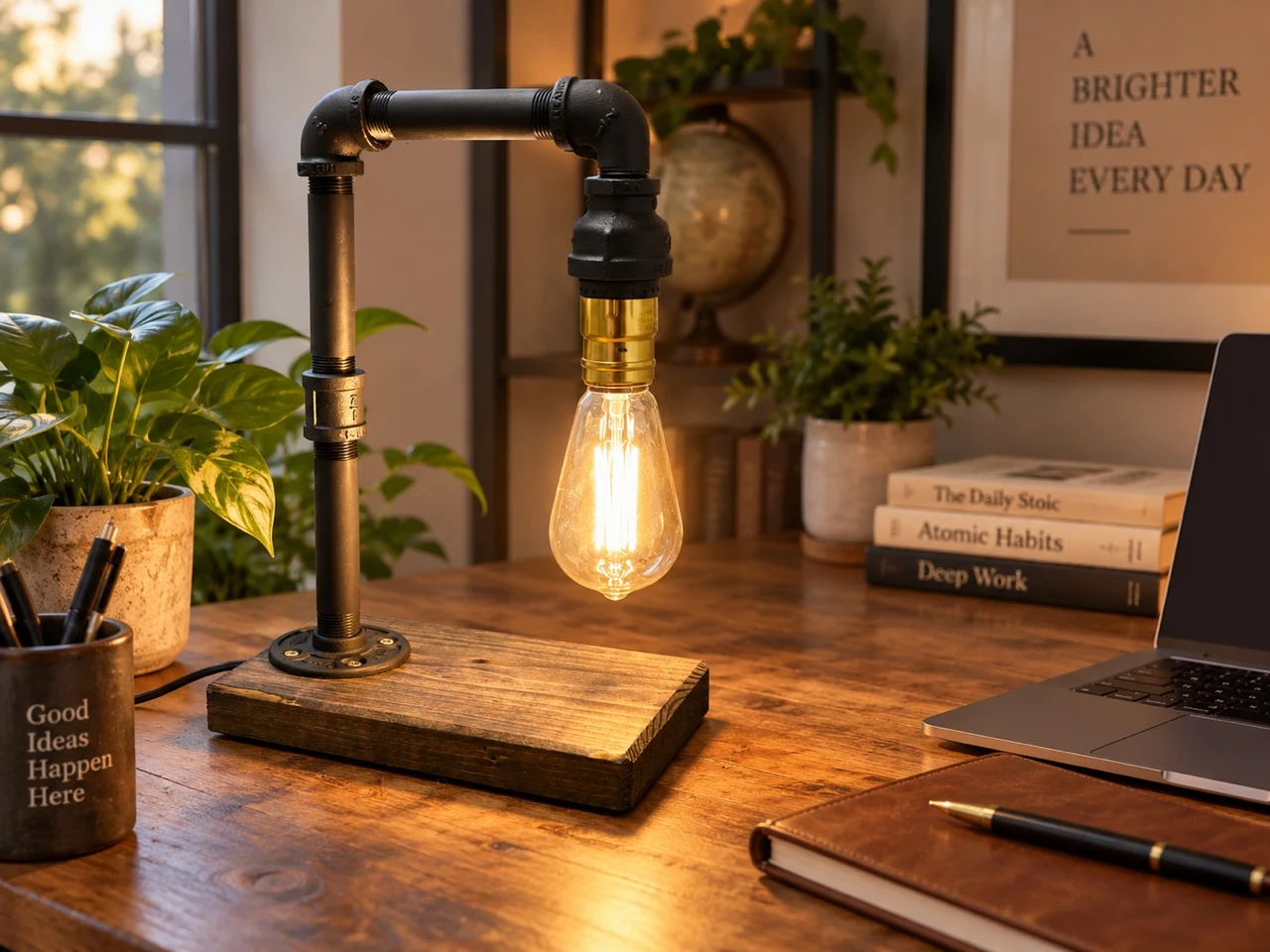 Lamp glowing on a wooden desk beside a notebook and laptop