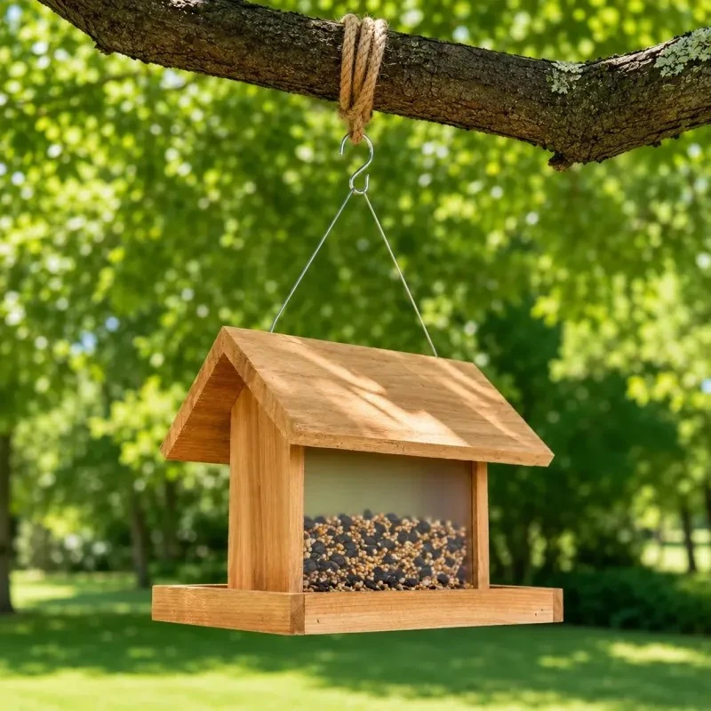 Cedar Window Bird Feeder hanging in a leafy backyard