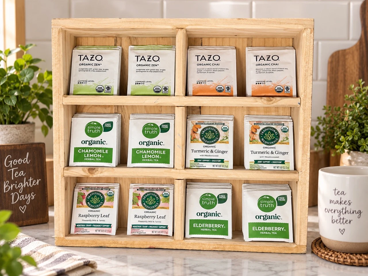 Natural pine tea bag organizer filled with tea bags