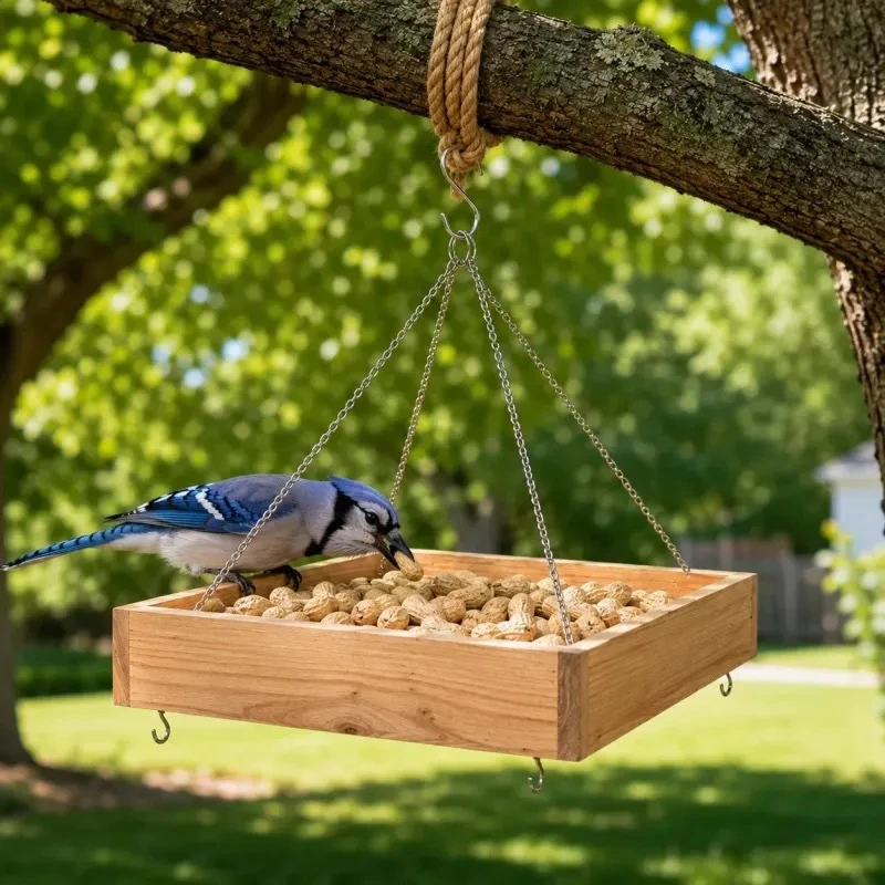 Blue jay perched on a hanging cedar tray feeder filled with peanuts beneath a tree branch