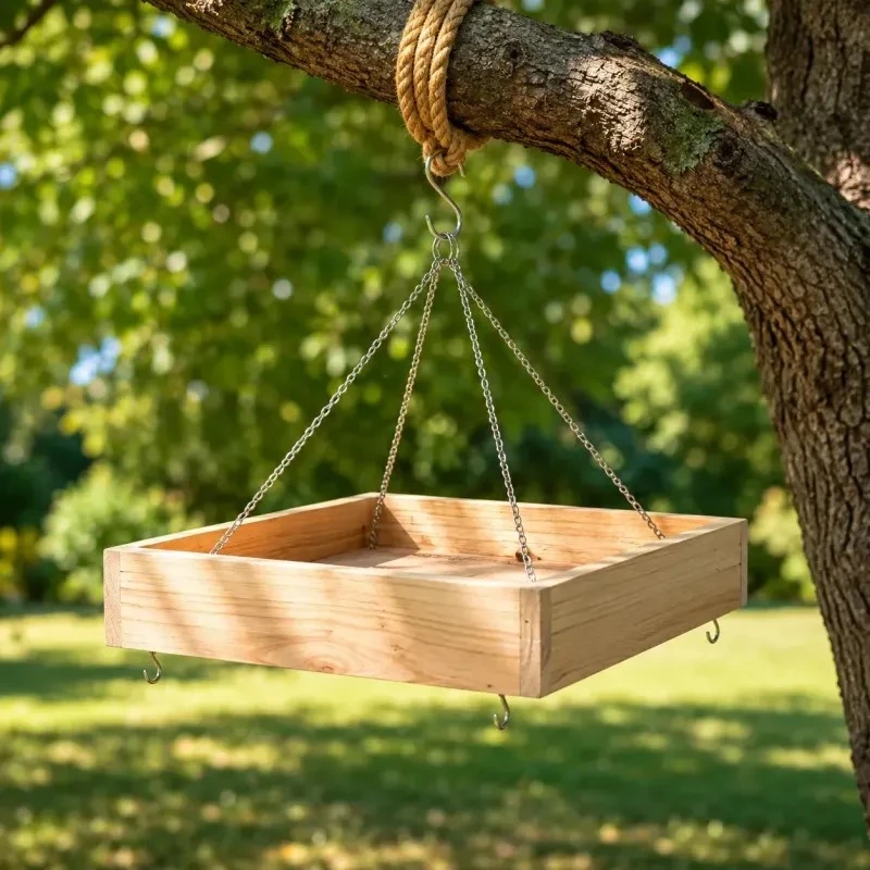 Empty square cedar feeder hanging from stainless steel chains under a tree