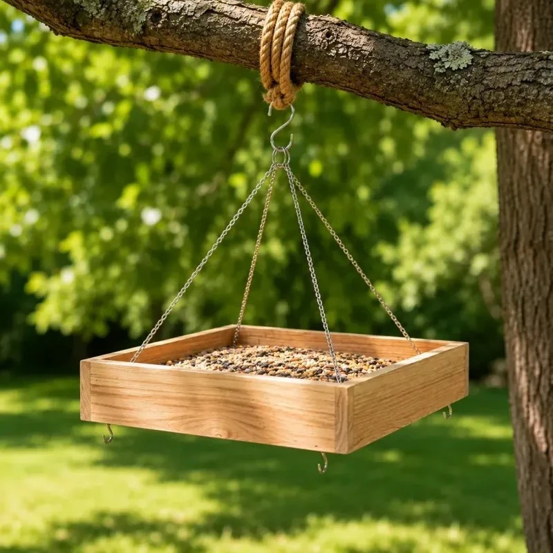 Hanging cedar tray bird feeder filled with mixed seed in a green backyard
